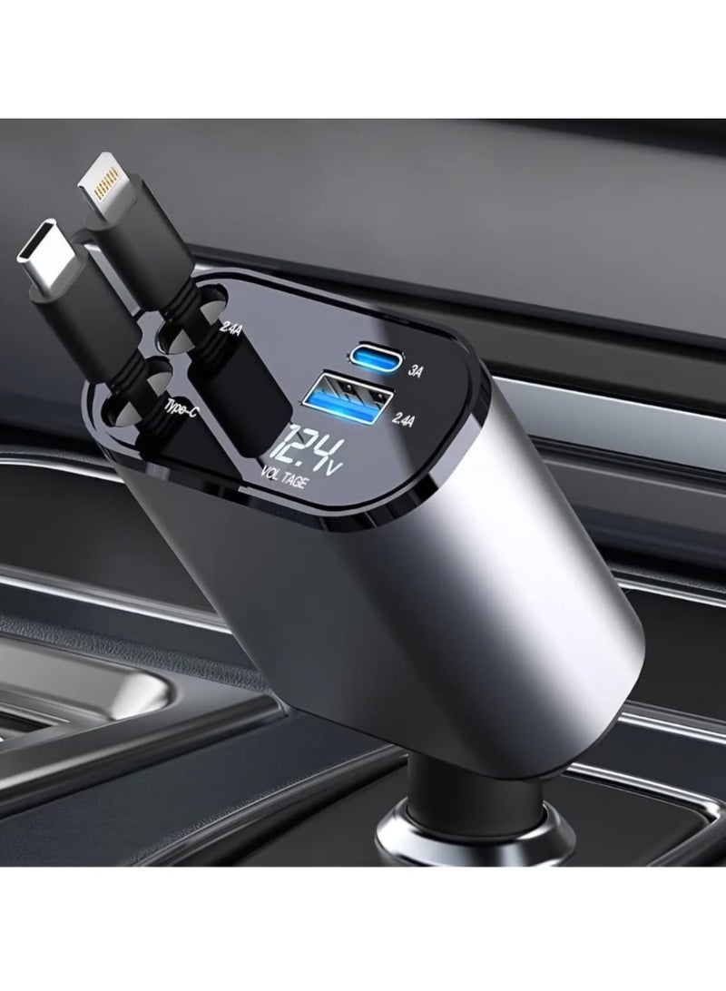 شاحن سيارة سريع 4 في 1 بسلك قابل للسحب مع شاشة عرض الجهد الرقمي - Image 2